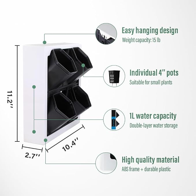 Self Watering Wall Planter with 4 Pots - Easy to Create Indoor Living Wall for Home, Office and Shop Front - Includes Water Gauge (White)
