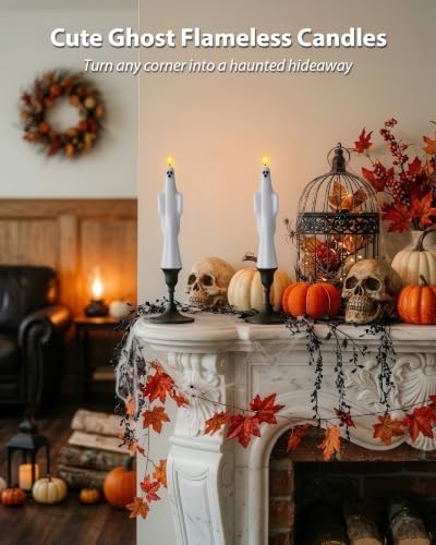Homemory 6 Pcs Real Wax Ghost Flameless Taper Candles, 3D Wick Flickering Led Candlesticks 9.6 Inch Battery Operated with Remote & Timer, Spooky Halloween Gothic Indoor Decor - Image 2