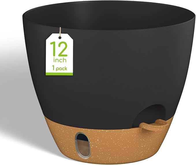 12 Inch Self Watering Pot for Indoor Outdoor Plants, Large Plastic Planter with Visual Water Window, Drainage Holes & Watering Lip, Modern Decorative Flower Pot (Black)