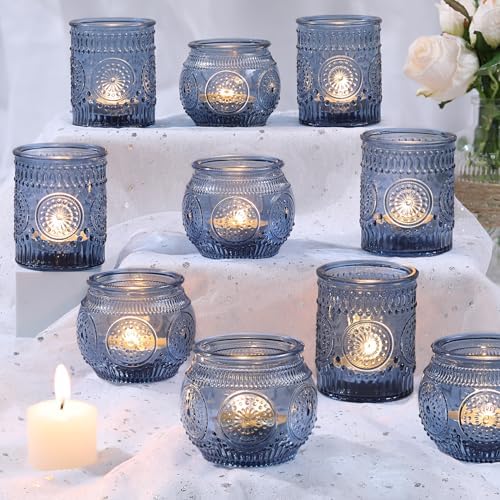 DARJEN 12Pcs Blue Votive Candle Holders - Votive Candle Holders Bulk, Glass Candle Holder for Party Decoration, Tea Lights Candle Holders for Wedding by DARJEN