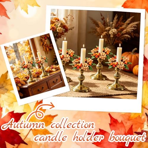 4 PCS Fall Taper Candle Rings Wreaths 1.38" Mini Thanksgiving Taper Candle Holder Wreaths with Berries Leaves Autumn Harvest Table Centerpieces Wreath for Wedding Farmhouse Home Candlesticks Decor - Image 7