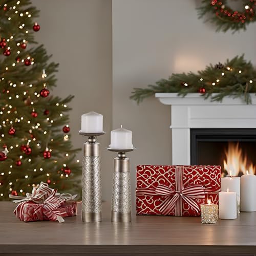 Creative Scents Dublin Silver Decorative Candle Holder Set of 2 - Home Decor Pillar Candle Stand, Coffee Table Mantle Decor centerpieces for Fireplace, Living or Dining Room Table, Gift Boxed - Image 2