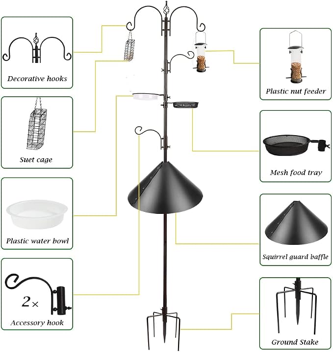 Bird Feeder Pole with Squirrel Baffle - Deluxe Feeder Station Kit Includes Suet Cage, Wild Bird Feeders & Planter Hanger for Garden, Yard