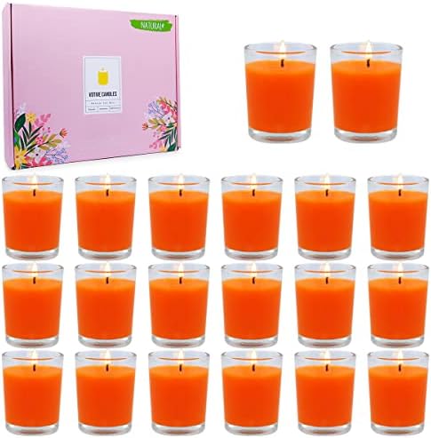 20 Packs Unscented Orange Votive Candles in Clear Glass, Small Bulk Natural Soy Wax Scentless Fall Colored Candles for Thanksgiving Halloween Harvest Home Holiday Spa Decoration by VISIT+the+COSIKO