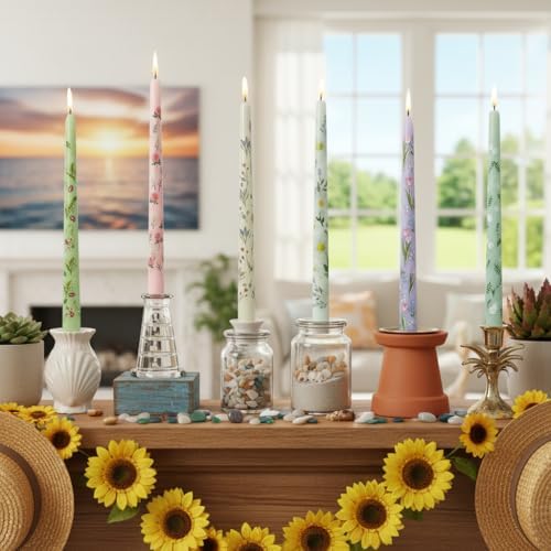 Floral Toile Candle Sticks Print Smokeless Candlessticks 6 Pack Handmade Pastel Candle 10 inches Long Flower Tapered Candles for Dining Living Room Mantel Cozy Hygge Ambiance Everyday Home Decor - Image 6