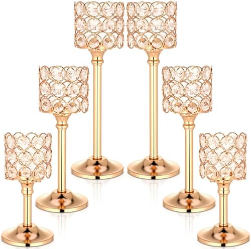 Mumufy 6 Pieces Crystal Candle Holders Set 3 Sizes Tall Crystal Wedding Candlestick Holders Pillar Candelabra Stand for Table Centerpieces for Christmas Party Wedding Dining Decoration (Gold) by Mumufy