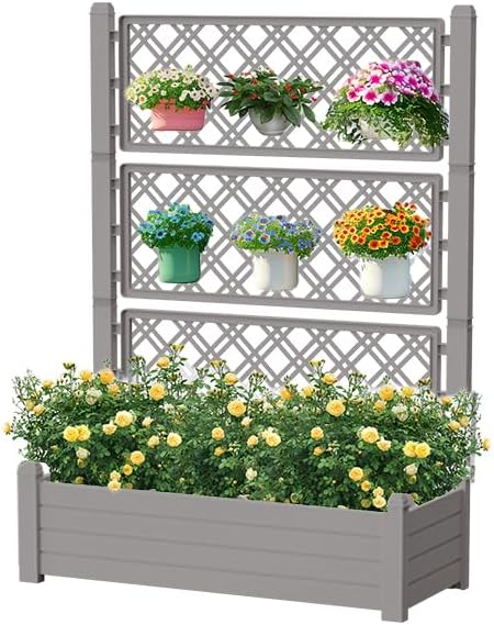 Vixzen 59" Tall Raised Garden Bed,Outdoor Large Resin Planter Box with Trellis and Drain Plug for Climbing Plants,Easy to Assemble,Water Monitor Grey, 43.43"×18.27"×59.29"