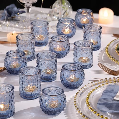 NITIME 12Pcs Assorted Blue Votive Candle Holders, Tea Lights Candle Holder for Wedding Decor, Blue Candle Holders for Table Centerpiece, Bridal Shower, Baby Shower Decorations by NITIME