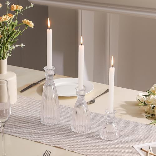 Vertical Stripe Candlestick Holders Set of 3, Premium Glass Candle Holders for Candlesticks and Taper Candles, Vintage Candle Holder Decor for Table Centerpiece, Clear by Joyfice
