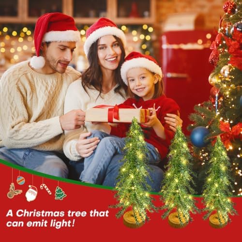 3 Pcs Mini Christmas Tree with Lights, Artificial Bottle Brush Trees with Wooden Bases Christmas Table Decor Small Trees with LED Light String for Decorations，Green - Image 6
