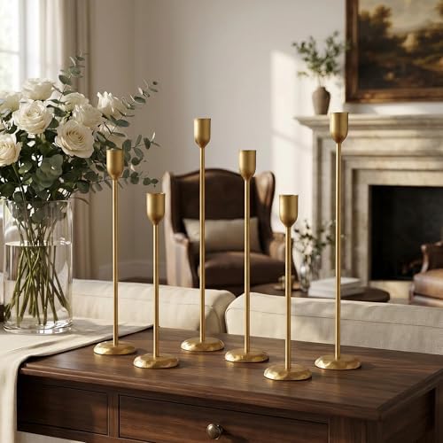 Perfnique Brass Candlestick Holders Set of 6 - Antique Gold Iron Candle Holders for Christmas, Birthday, Wedding, Party, Dining Table, Fireplace Mantel Decor (Gold) - Image 2