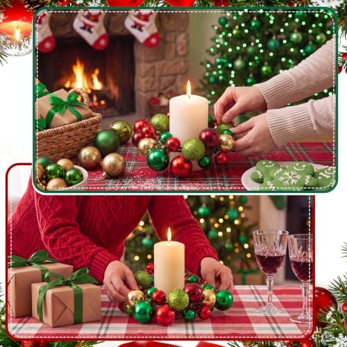 Daifunli 2 Pcs Christmas Ball Needle Candle Ring Red Green Glitter Lemon Green Artificial Wreath for Pillar 3.5 Inch Candle Holder for Winter Xams Country Wedding Table Centerpiece Decor - Image 4