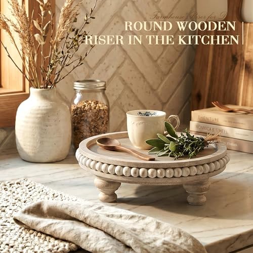 EOSAHR Beaded Wood Riser, Pedestal Stand for Kitchen Decor, Light Natural - Image 3