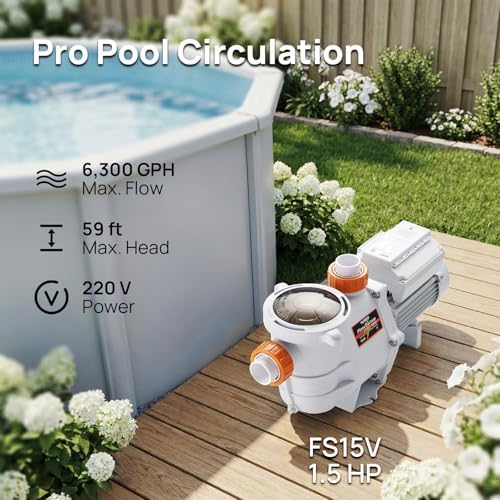 TURBRO 1.5 HP Variable Speed Swimming Pool Pump, 6,300 GPH | High Flow Self-Priming Pump for Above-Ground Pools, with Strainer Basket, 1.5” and 2.0” NPT Fittings, 220-240V, FS15V