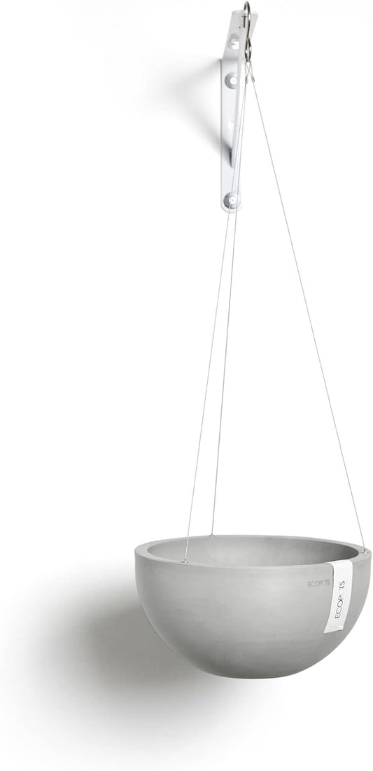 Ecopots Hanging Brussels Durable Modern Round Indoor/Outdoor Recycled-Based Composite Flower Pot Planter, White Grey, 10.5"