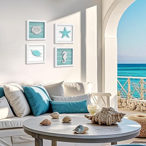 DETENE 4Pcs 3D Nautical Wall Art, Starfish Seashell Framed Bathroom Decor - Image 5