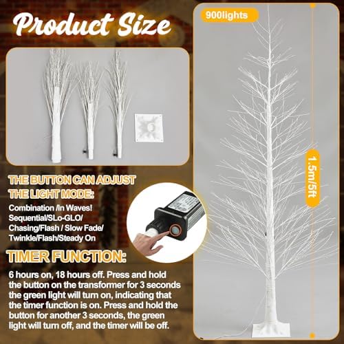 Rossesay 2 Pack 5ft-900led Christmas Lighted Birch Tree Warm White Lights - Image 2