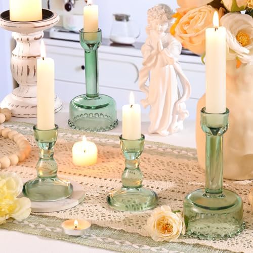Lanttu 6 Pcs Green Glass Candlestick Holders Taper Candle Holder Bulk - Image 4