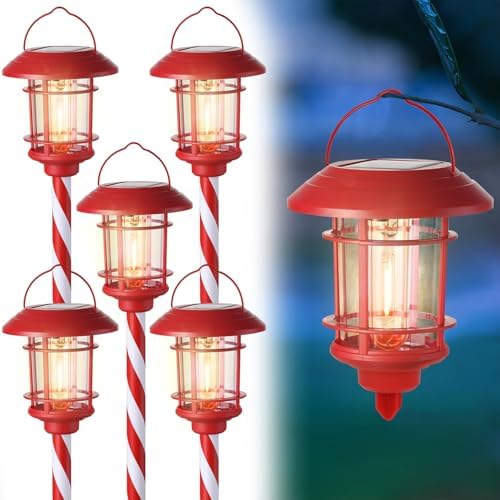 6 Pack Dual Use Solar Christmas Path Lights Outdoor, Hanging Lantern Solar Garden Light with Edison Bulb, Xmas Pathway Markers, Auto On/Off Candy Cane Lights for Patio Yard Walkway Driveway by Dynaming
