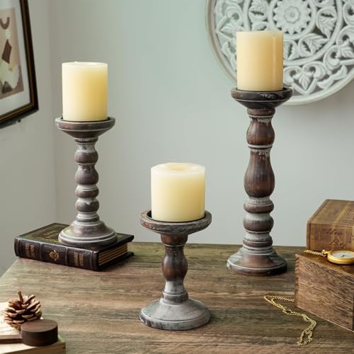 Wood Pillar Candle Holder: Rustic Distressed Brown Candle Stand - Image 2