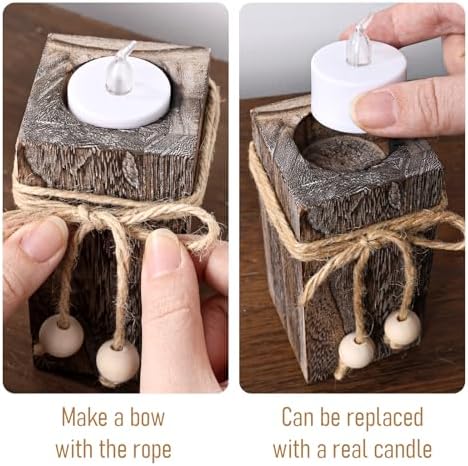 Rustic Wood Candle Holders with Battery Operated Candles Farmhouse Decor 3P - Image 3