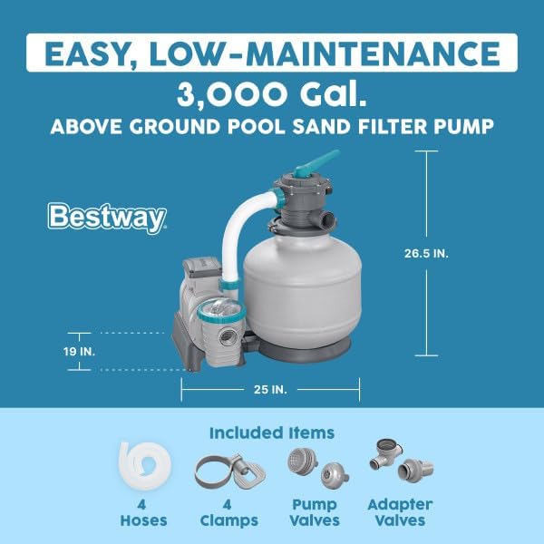 Bestway 3,000 GPH Above Ground Swimming Pool Sand Filter Pump | Compatible with Pools: 300 to 17,600 Gallons, Corrosion-Resistant Tank, Pre-Assembled, Low-Maintenance Pump with Adapters