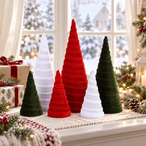 6 PCS 12" 10" 6" Red Green White Velvet Christmas Cone Tree Decorations Christmas Flocked Table Centerpieces Farmhouse Tiered Tray Foam Ornaments Xmas Tree for Home Holiday Entryway Tabletop Decor by Unknown