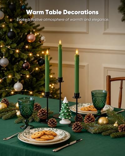 Homemory 3 Pcs Waxy Green Flameless Taper Candles with Remote Timer, LED Fake Candlesticks, 9.6 Inches Battery Tall Candle with 3D Flickering Flame for Wedding, Dinner, Christmas Anniversary Decor - Image 2