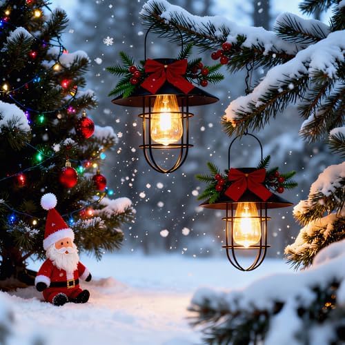 2 Pack Christmas Solar Hanging Lantern with Red Bow & Berry Decor by LEOKED