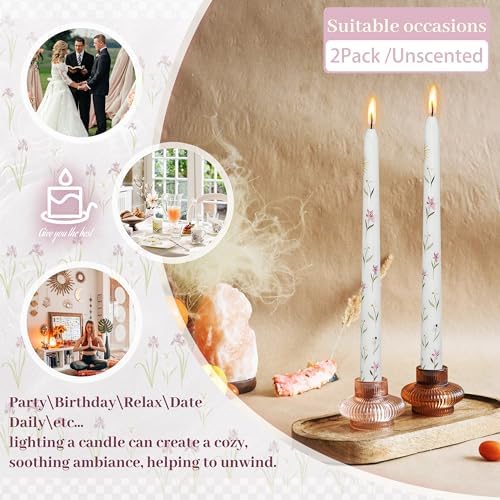 2 Pack White Iris Printed Taper Candles - Floral Decoration Candle 10 Inch Tall Candlestick Smokeless Ideal for Weddings Home Party Holiday Dinner - Image 3