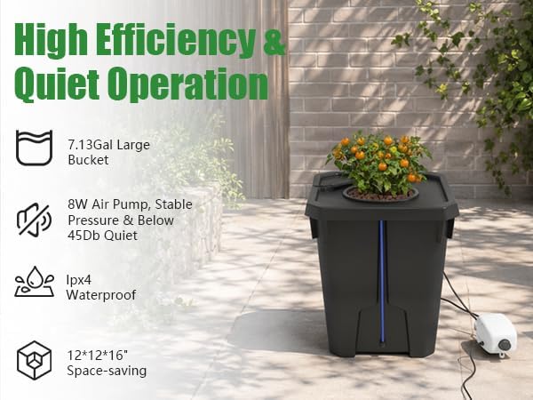 DWC Hydroponics Grow System 7.13 Gal Deep Water Culture Kit Auto Irrigation Sets w/8W 110V Air Pump, 12inch Bucket, Flippable Inspection Cover, for Indoor Gardening Vegetables (1 Buckets+7.13 Gal)