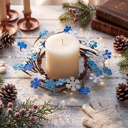 Daifunli 2 Pcs Winter Blue Snowflake Candle Rings Snowflake Wreath Glitter Vintage Wood Wreaths for Pillar 4.25 Inch Candles Holder for Winter Christmas Rustic Table Centerpiece Decor by Huiinen