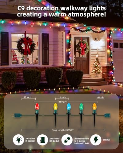 Christmas Pathway Lights Outdoor,25.7 Ft C9 Lights with 20 Multicolor Bulbs - Image 3
