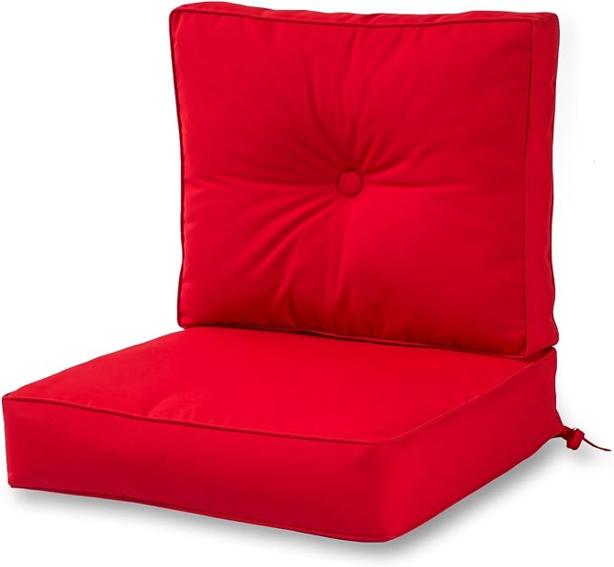 Sunbrella Deep Seat Cushion Set – Seat & Back Cushions for Patio Chairs, Sofas & Loveseats – Fade Resistant Outdoor Fabric, Ties, Zippered Cover, Cord Trim, Canvas Jockey Red