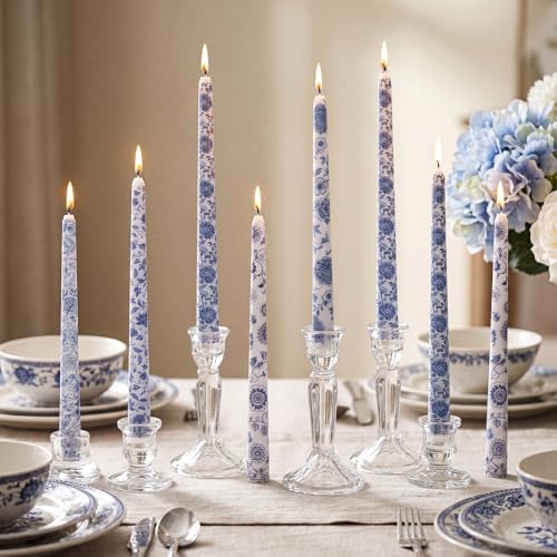 Conelist 12pcs Blue White Floral Taper Candle 9.8" Chinoiserie Candlestick by Conelist