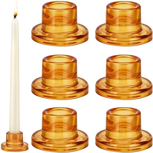 6 PCS Glass Taper Candle Holders Bulk Candlestick Holders Clear Short Tapered Candle Stick Holder Decor Set for Table Centerpiece Wedding Party Advent Christmas Home Decorations (6, Amber) by Mkhaslri