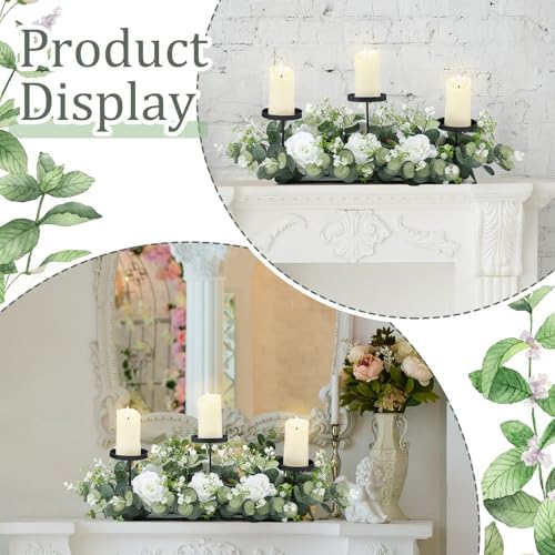 Zonon 21.6'' Wedding Candle Holder Centerpiece 3 Wick Electronic Candle Holder with Eucalyptus Leaves Roses for Wedding Party Decoration - Image 3