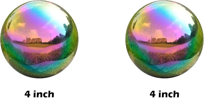 Gazing Ball Garden Mirror Outdoor - Outside Decorative Globe, Rainbow, 2Pcs | Metal Polished Reflective Sphere, Stainless Steel Hollow Decoration Ornament for Home Pond Swimming Pool Housewarming Gift