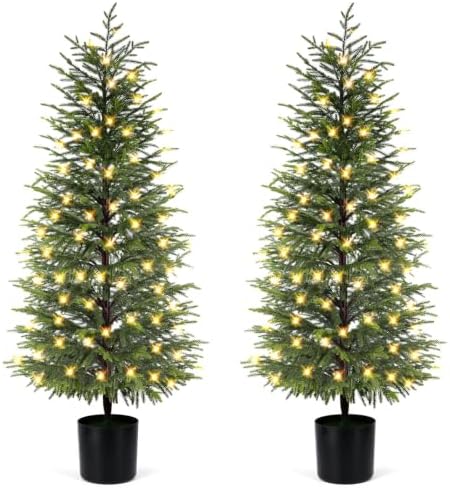 5FT Prelit Norfolk Pine Christmas Tree Real Touch Artificial Cedar Tree with 80LED Lights & 8-Function Plug-in Potted Faux Trees for Front Porch, Entryway, Patio, Christmas Indoor Outdoor Decor by ENVEN