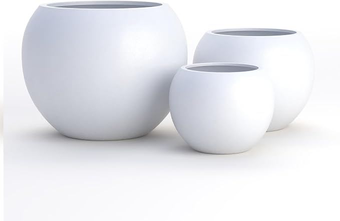 DTY Fiberstone Sphere Planter for Olive Trees, Globe Round Pot for Indoor Outdoor Use, Lightweight with Drainage Hole, 2 Coco Mats Included, White, Small 12.6" D x 10" H