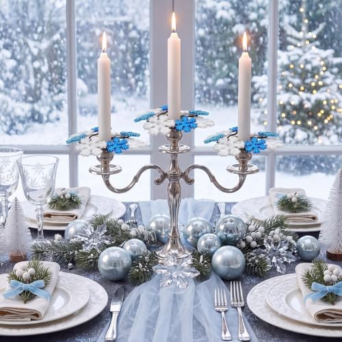 Daifunli 2 Pcs Winter Blue Snowflake Candle Rings Snowflake Wreath Glitter Vintage Wood Wreaths for Taper 1.25 Inch Candles Holder for Winter Christmas Rustic Table Centerpiece Decor - Image 6