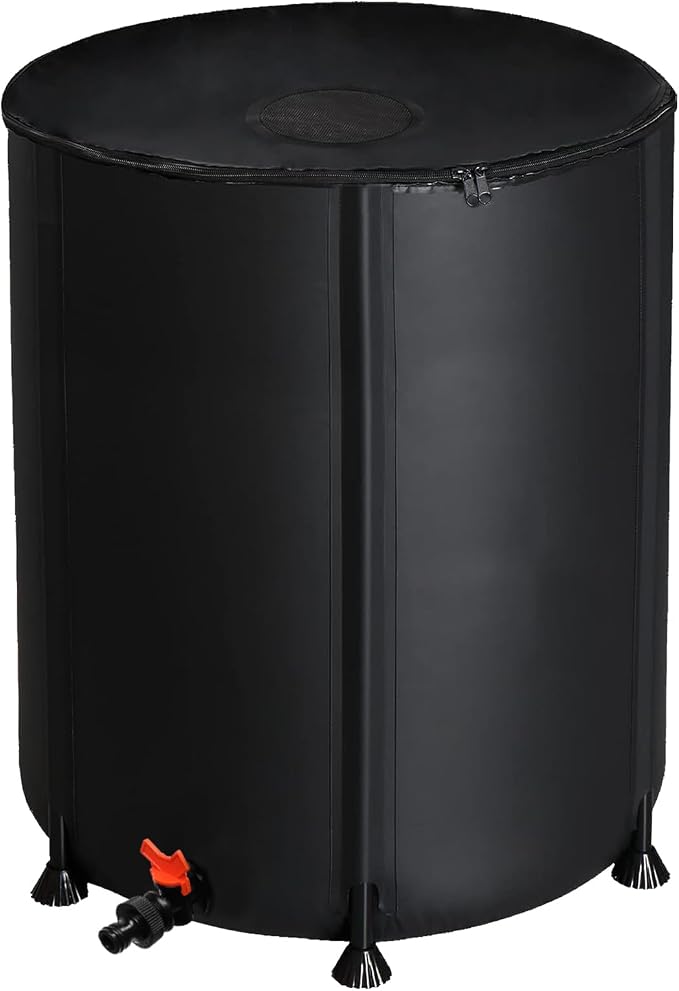 50 Gallon Collapsible Rain Barrel, Folding Water Storage Container, Portable Rain Collection, Water Storage Tank PVC for Garden Water Catcher with Screen Mesh Protector Black