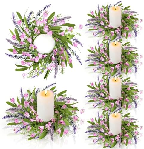 6 PCS Spring Summer Artificial Flowered Wreath Candle Rings Forsythia Lavender Candle Rings Pillar Holder Wreath Mini Floral Candle Rings Wreaths Kitchen Cabinet Swags for Wedding Home Tabletop Decor by Unknown