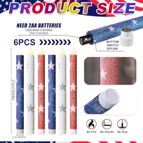 6 Pcs Patriotic Flameless Taper Candles, Glitter Red White and Blue Star Candles for 4th of July 250th Anniversary of Independence Day Home Party Decor, Battery Operated LED Candlesticks - Image 2