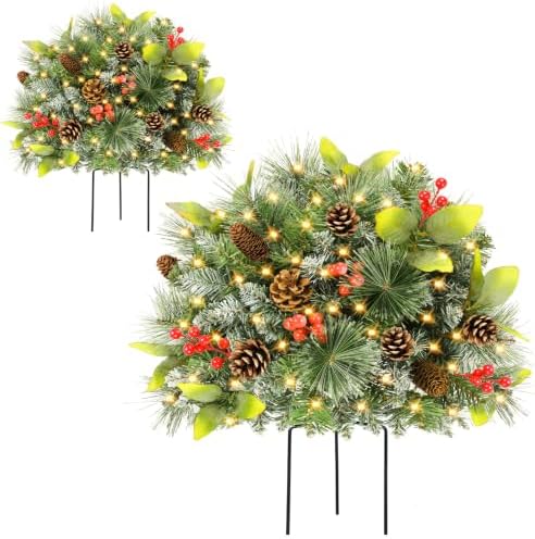 Prelit Outdoor Christmas Tree Urn Filler with 70LED Lights Pre-Decorated Pinecone Red Berries Rose Leaves Decoration Christmas Urn Filler for Pathway &Porch& Yard Decorations, 18 Inch by ENVEN