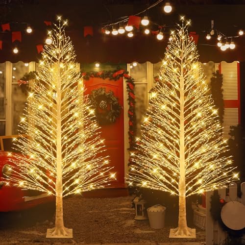 Rossesay 2 Pack 6ft-1100led Christmas Lighted Birch Tree Warm White Lights by Rossesay
