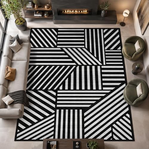 6x9 Black and White Geometric Stripe Area Rug for Living Room Bedroom Abstract Modern Large Rug Machine Washable Non-Slip Carpet for Dining Room Office