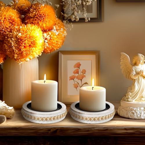 Candle Pedestal for Pillar Candle Set of 2, Rustic Round Beaded Risers Wood Tray, Farmhouse Wood Beaded Trayfor Tiered Tray, Candle, Mug Display Decorative, Table Centerpiece, Antique White - Image 4