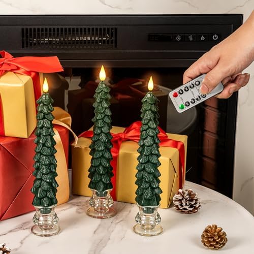 Homemory 3 Pcs Christmas Tree Candles with Remote, Waxy Flameless Taper Candles Flickering, Green LED Candlesticks Battery Operated for New Year Celebration Holiday Decorations 9.7 Inches - Image 3