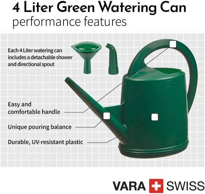 Consolidated Plastics Durable Swiss Watering Can with UV Protection, Ergonomic Handle for Indoor/Outdoor Gardening, Made in Switzerland (4 Liter, Green)